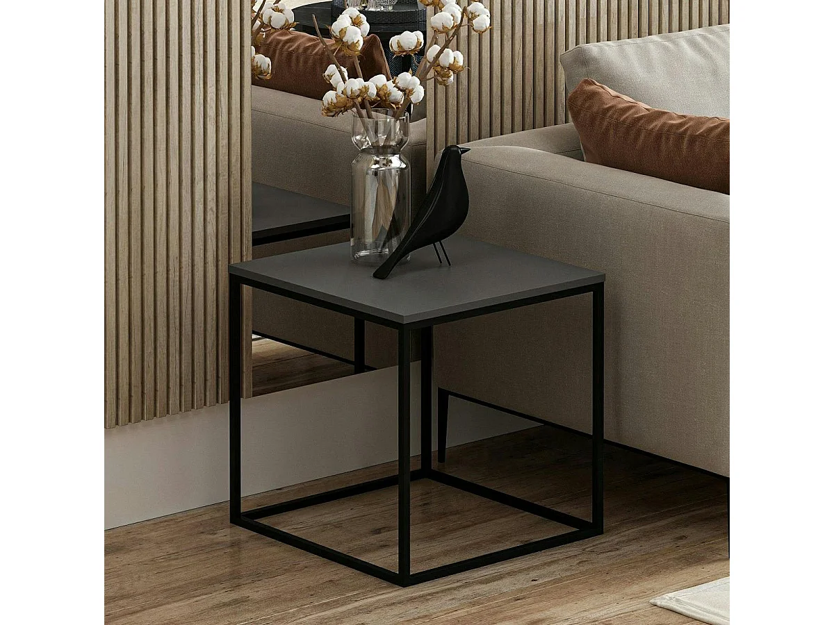 Bout de canapé cube, plateau gris foncé pieds métal JENA