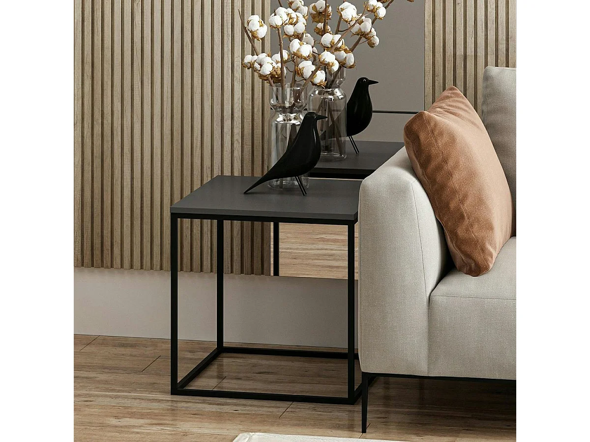 Bout de canapé cube, plateau gris foncé pieds métal JENA