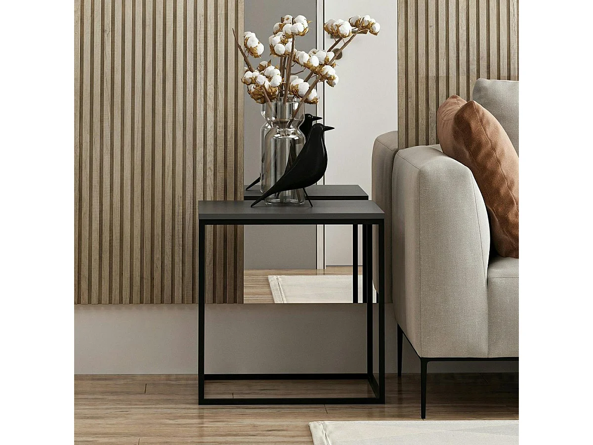 Bout de canapé cube, plateau gris foncé pieds métal JENA