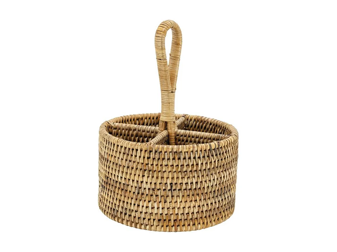 Range-couverts rond en rotin naturel avec 4 compartiments et poignée
