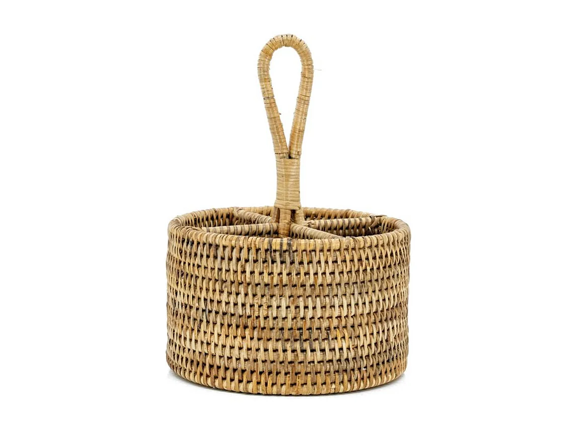 Range-couverts rond en rotin naturel avec 4 compartiments et poignée