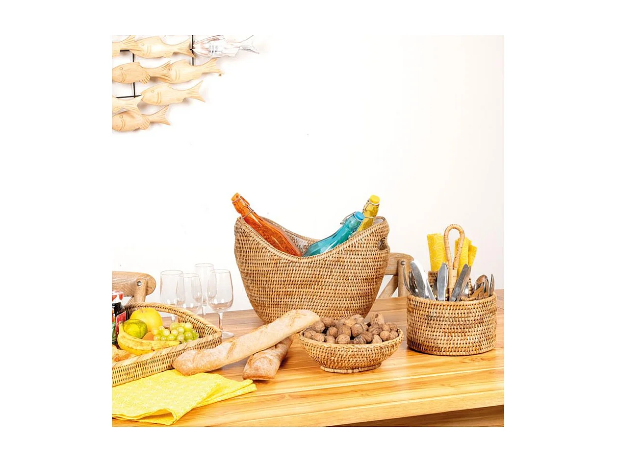 Range-couverts rond en rotin naturel avec 4 compartiments et poignée