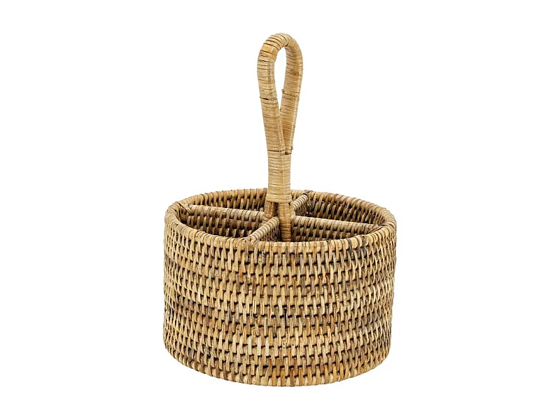Range-couverts rond en rotin naturel avec 4 compartiments et poignée