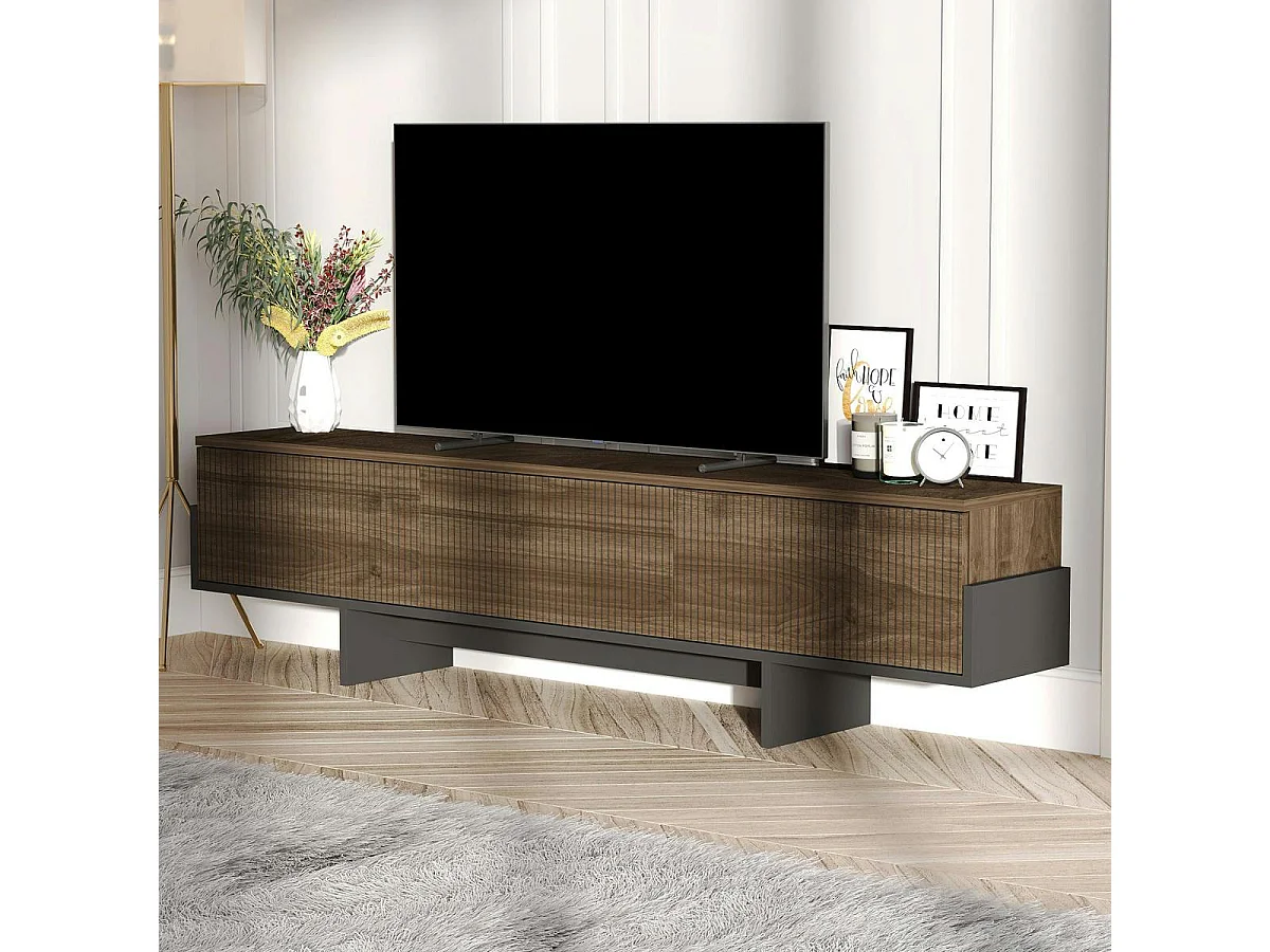 Meuble TV design 3 portes striées effet noyer cadre noir MARFA