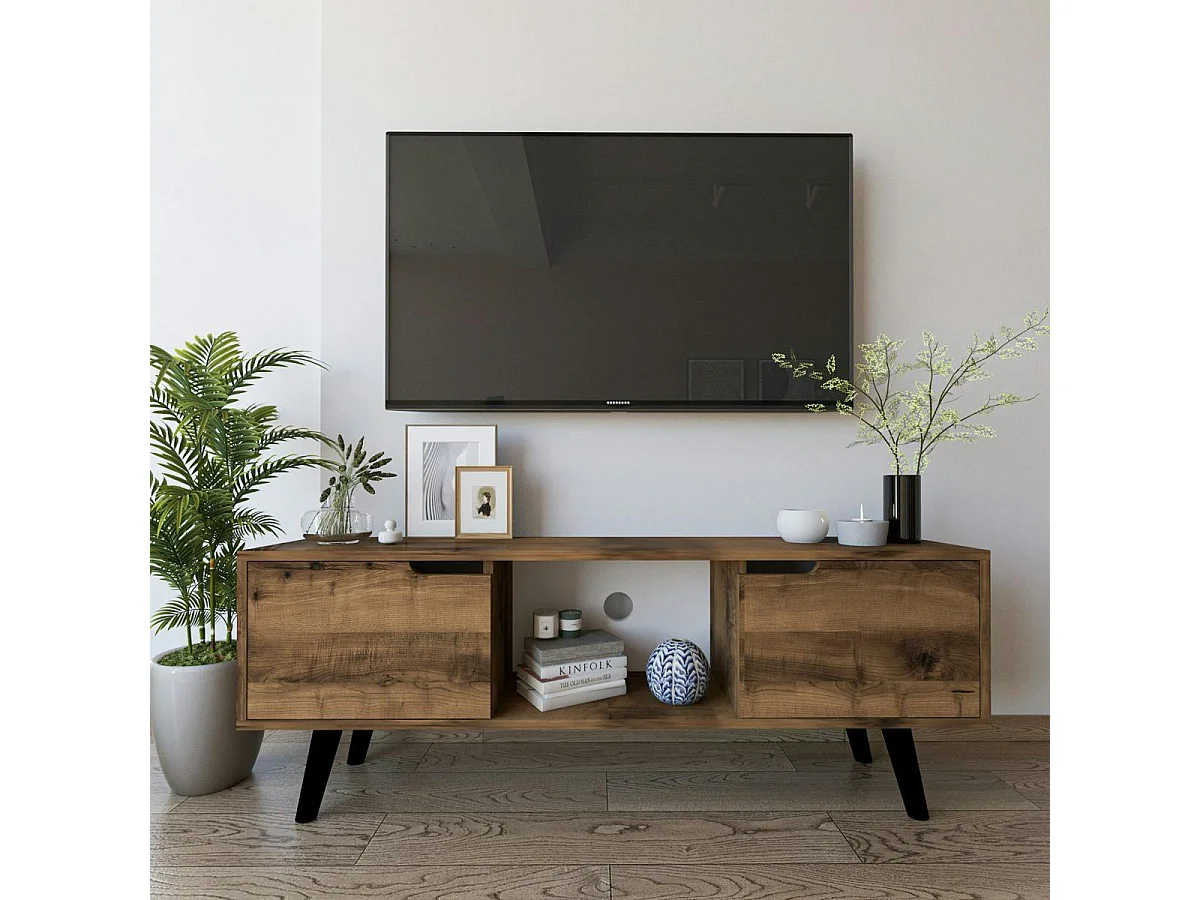Petit meuble TV 2 portes effet bois foncé pieds noirs MARFA