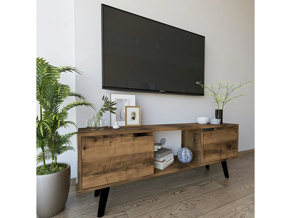 Petit meuble TV 2 portes effet bois foncé pieds noirs MARFA