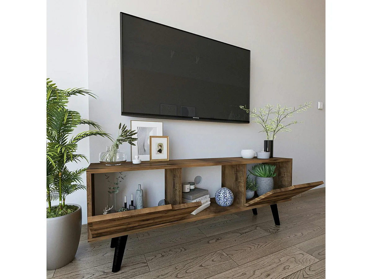 Petit meuble TV 2 portes effet bois foncé pieds noirs MARFA