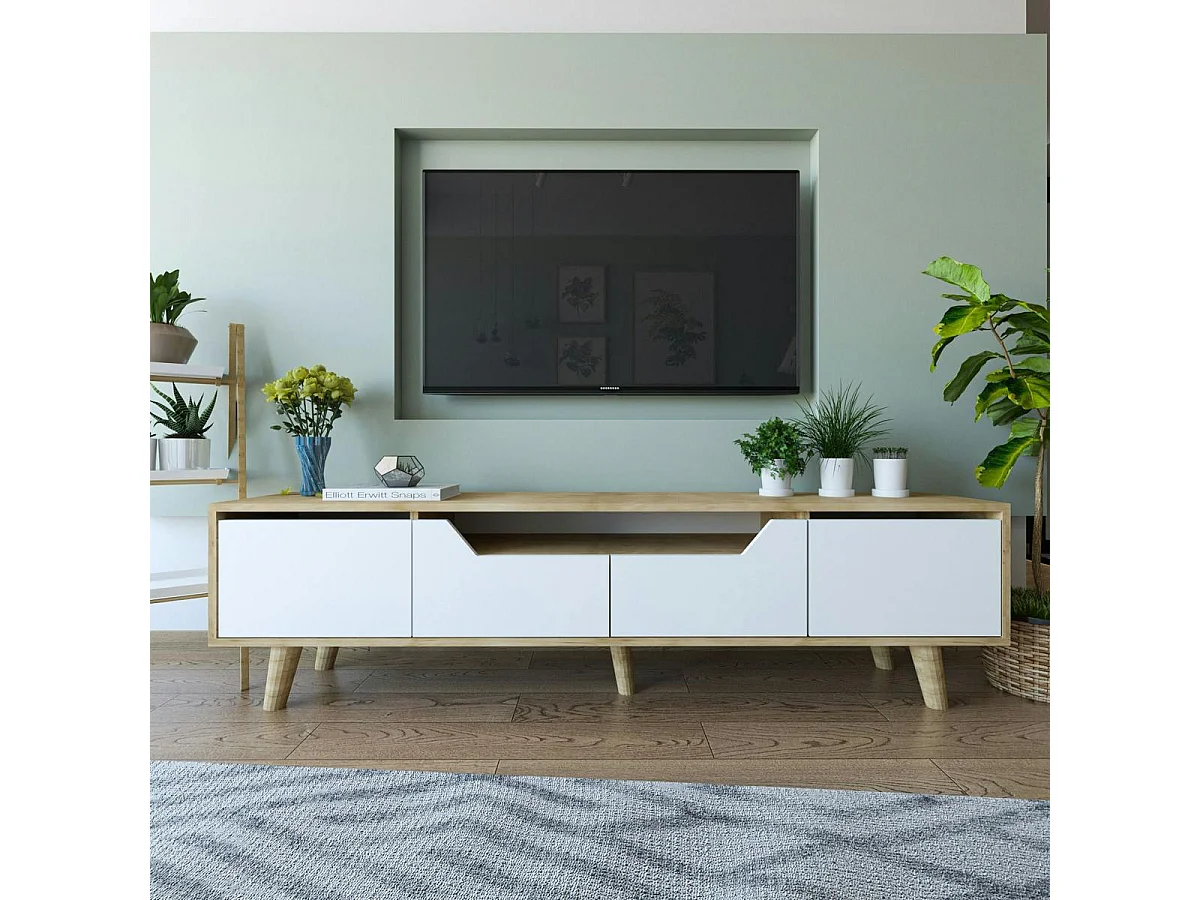 Long meuble TV 4 portes blanches et cadre clair 180 cm MARFA