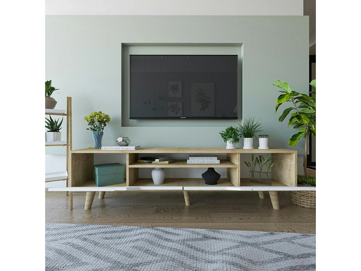 Long meuble TV 4 portes blanches et cadre clair 180 cm MARFA