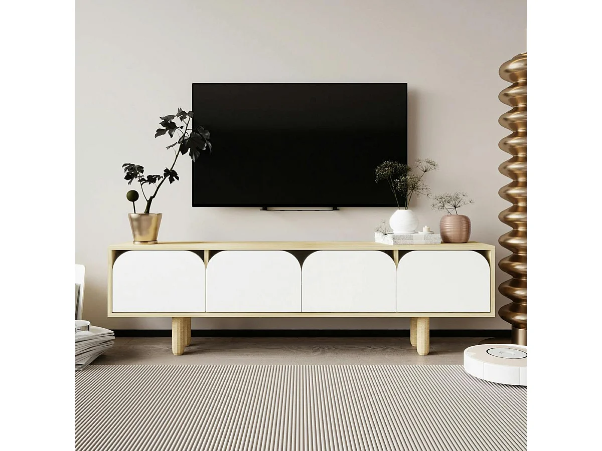 Meuble TV avec rangement, 4 portes courbes blanches VAREN