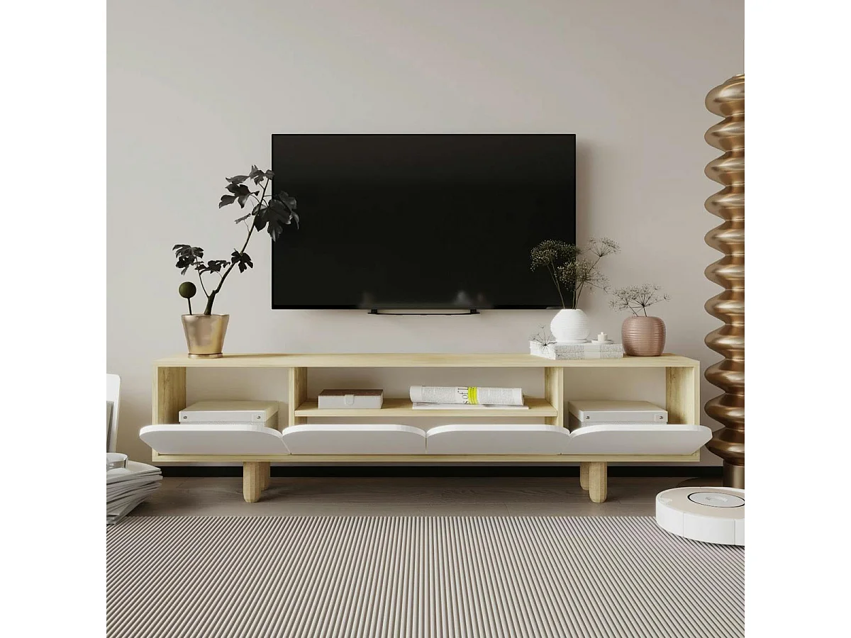 Meuble TV avec rangement, 4 portes courbes blanches VAREN