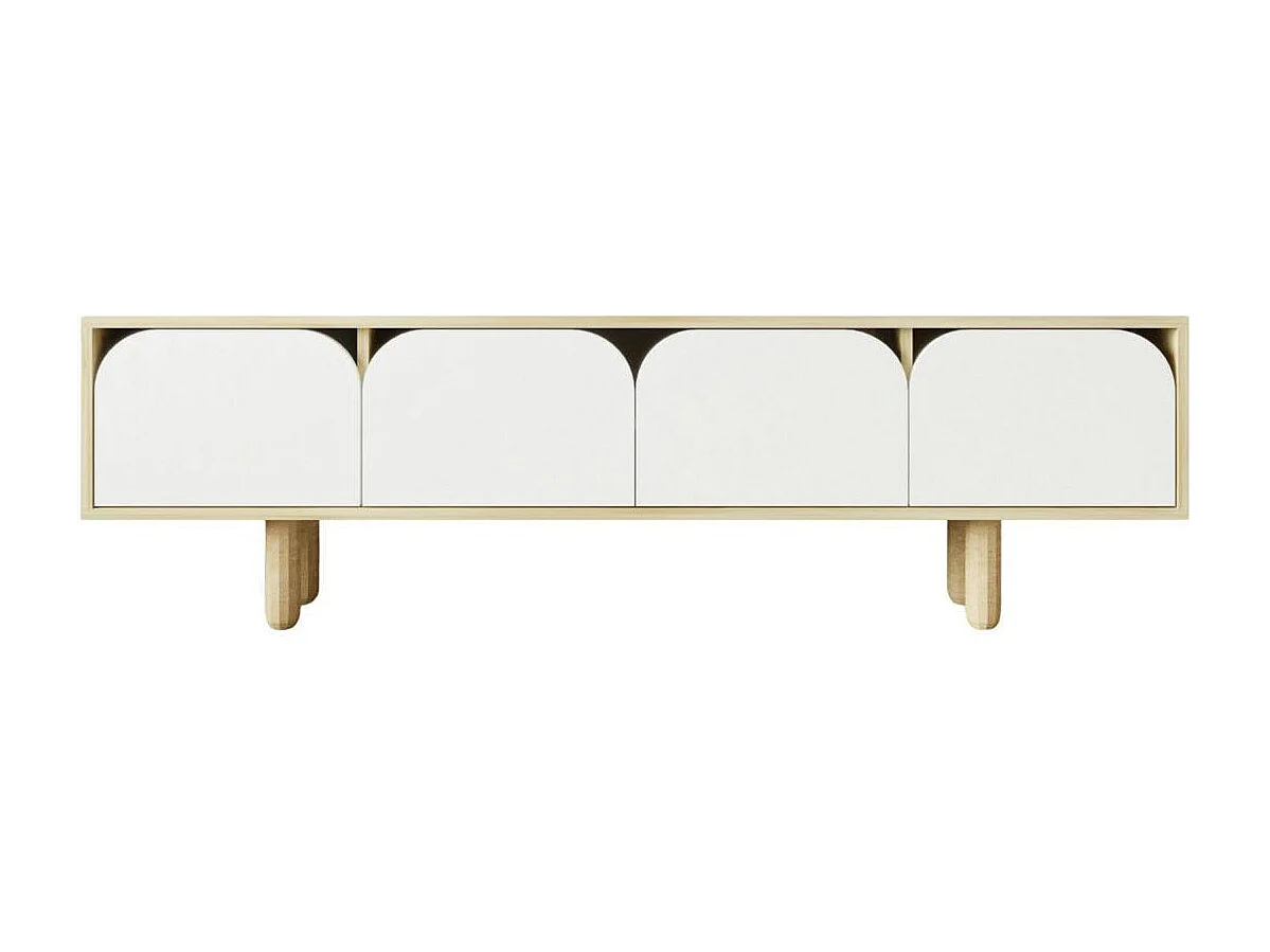 Meuble TV avec rangement, 4 portes courbes blanches VAREN