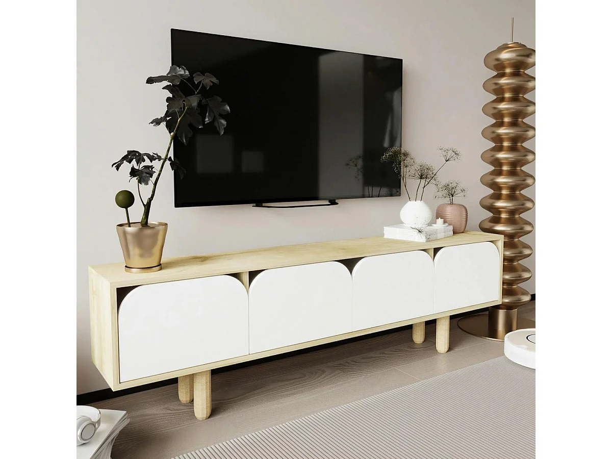 Meuble TV avec rangement, 4 portes courbes blanches VAREN
