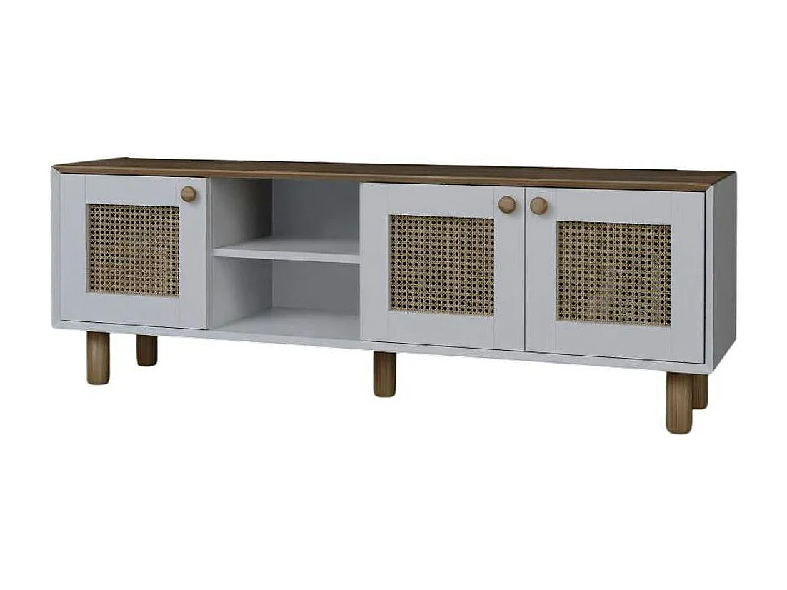 Meuble TV cannage 3 portes blanches plateau effet chêne VAREN