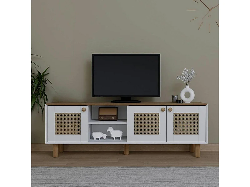 Meuble TV cannage 3 portes blanches plateau effet chêne VAREN