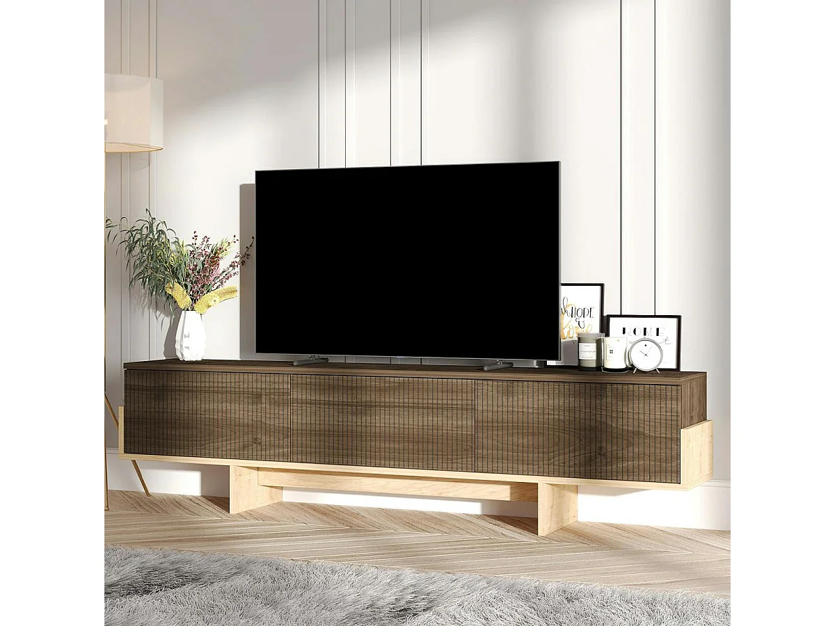 Meuble TV design 3 portes striées effet bois foncé cadre clair MARFA