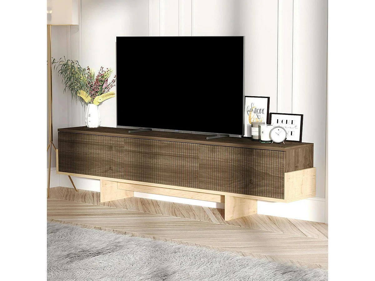 Meuble TV design 3 portes striées effet bois foncé cadre clair MARFA