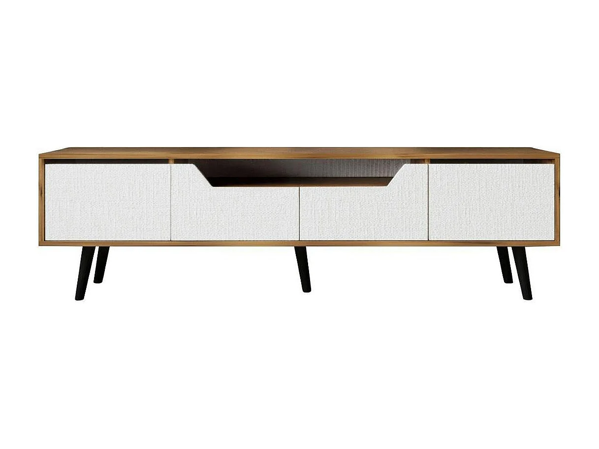 Long meuble TV 4 portes blanches cadre effet noyer MARFA