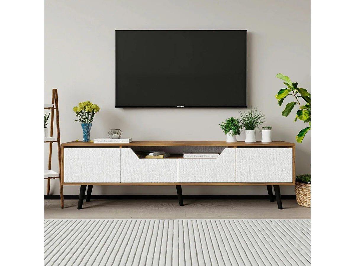 Long meuble TV 4 portes blanches cadre effet noyer MARFA