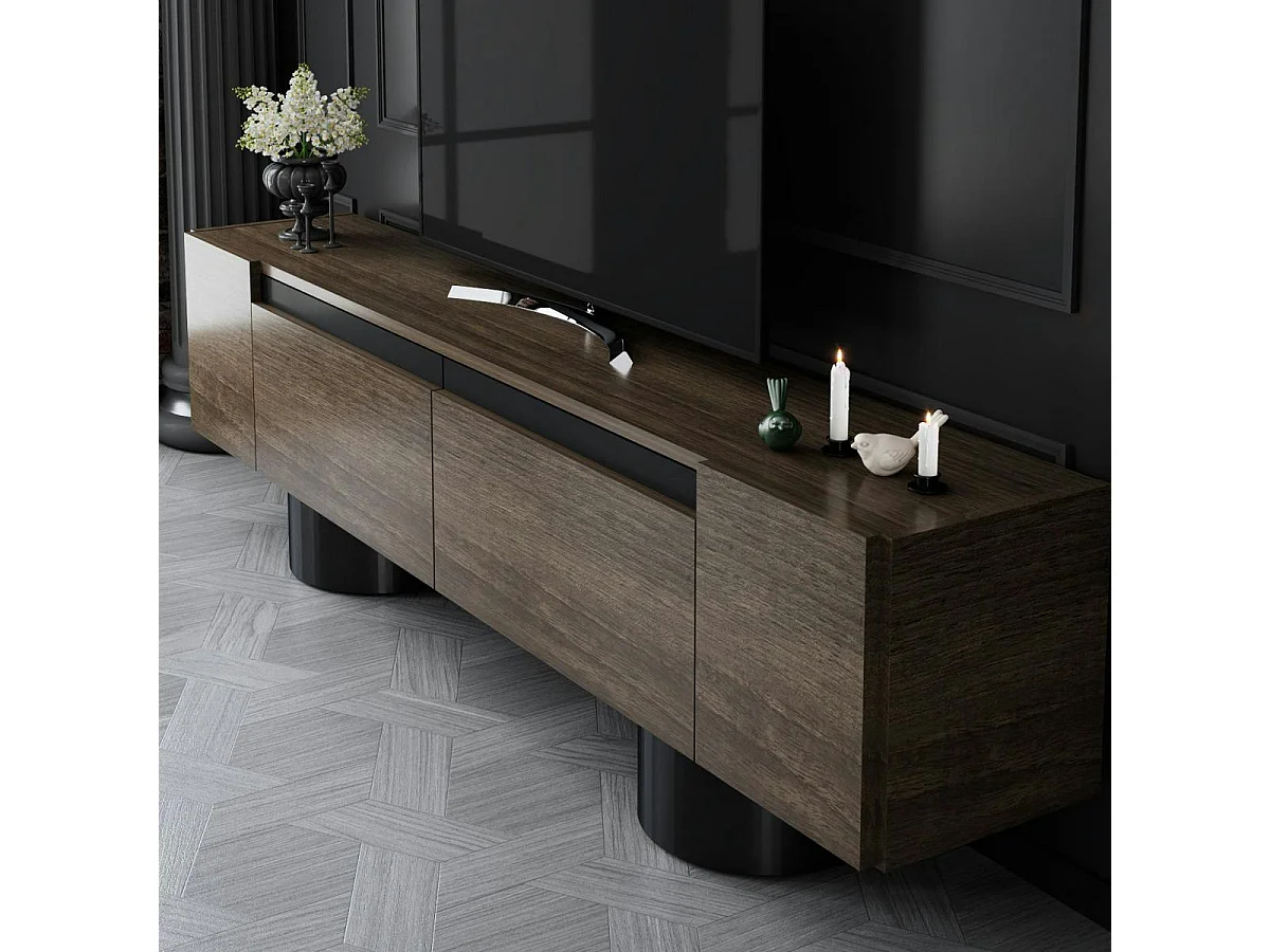 Meuble TV design effet noyer pieds cylindres noirs JENA