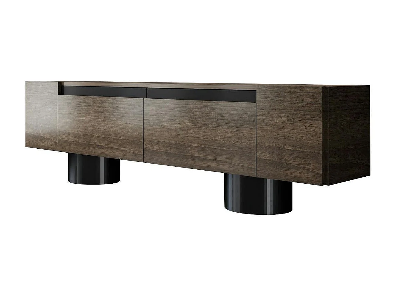 Meuble TV design effet noyer pieds cylindres noirs JENA