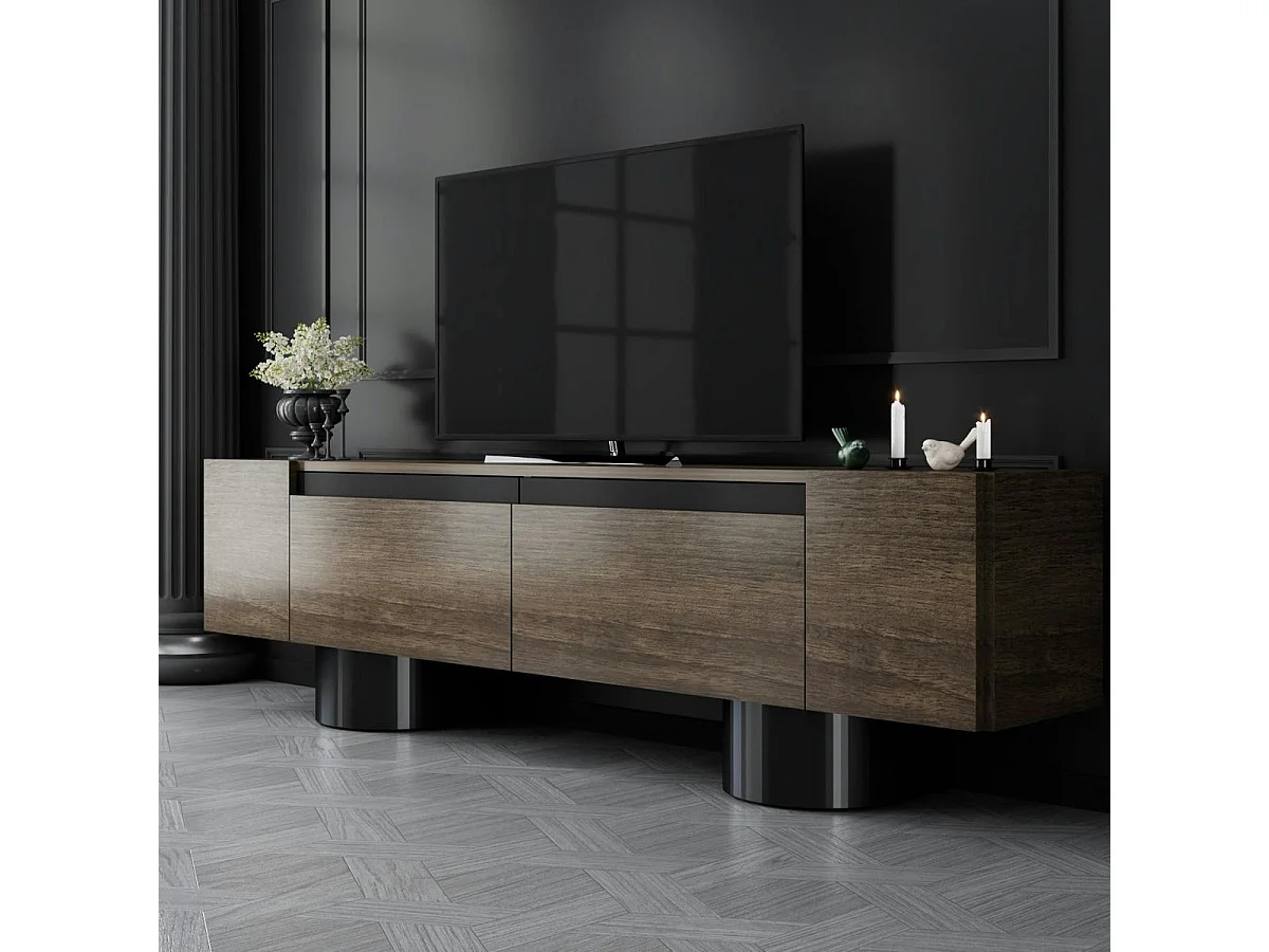 Meuble TV design effet noyer pieds cylindres noirs JENA