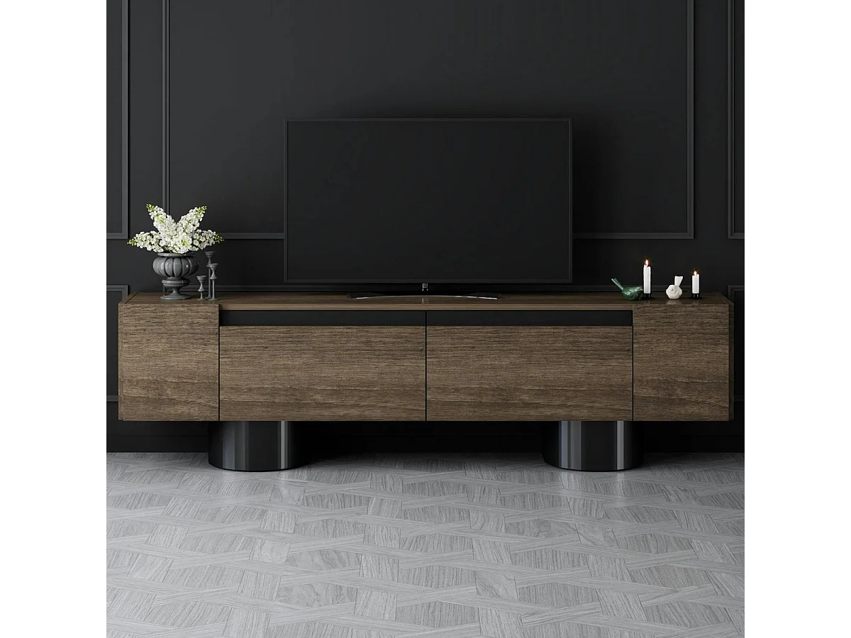 Meuble TV design effet noyer pieds cylindres noirs JENA