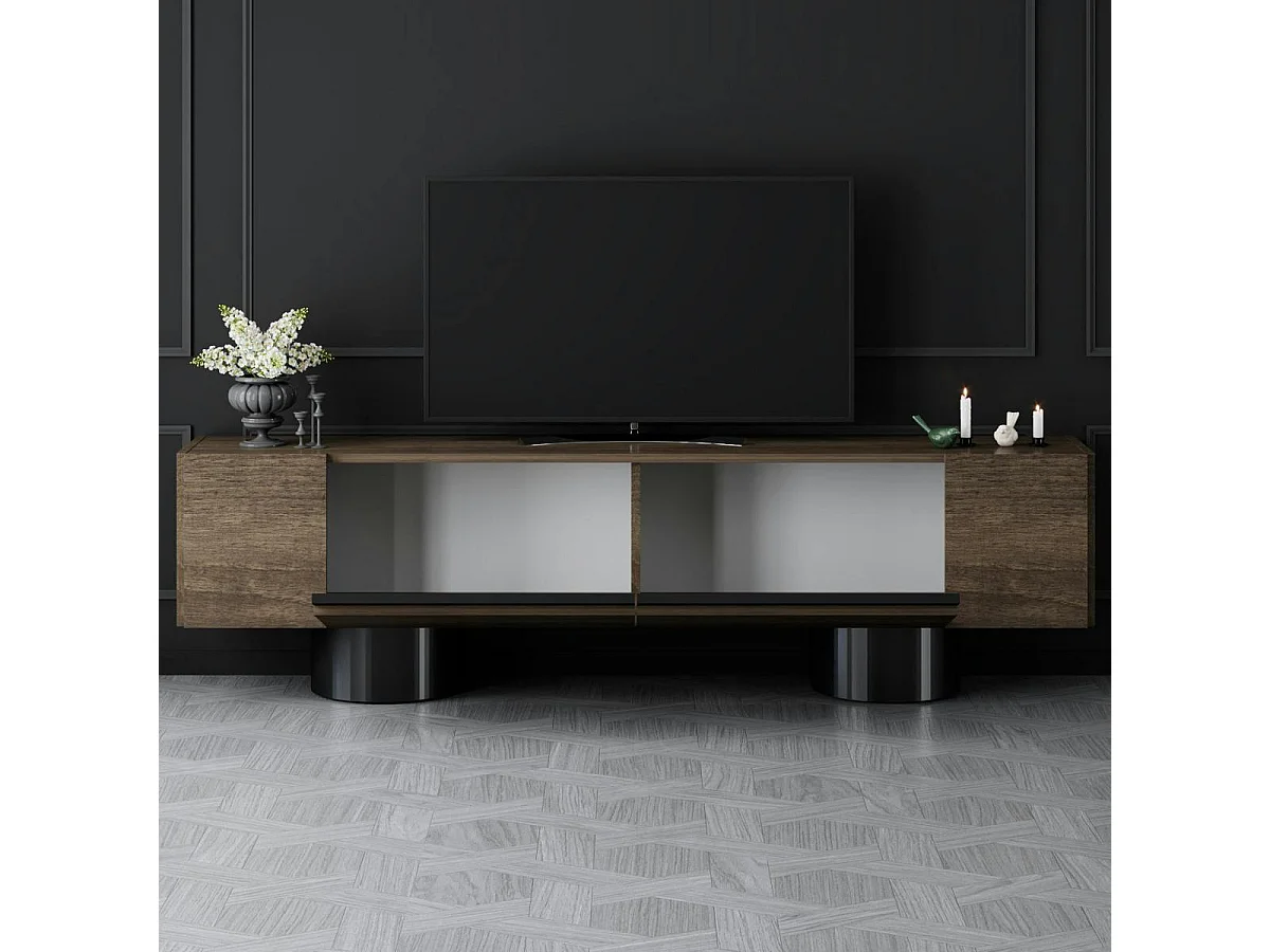 Meuble TV design effet noyer pieds cylindres noirs JENA