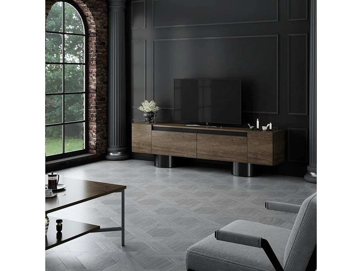 Meuble TV design effet noyer pieds cylindres noirs JENA