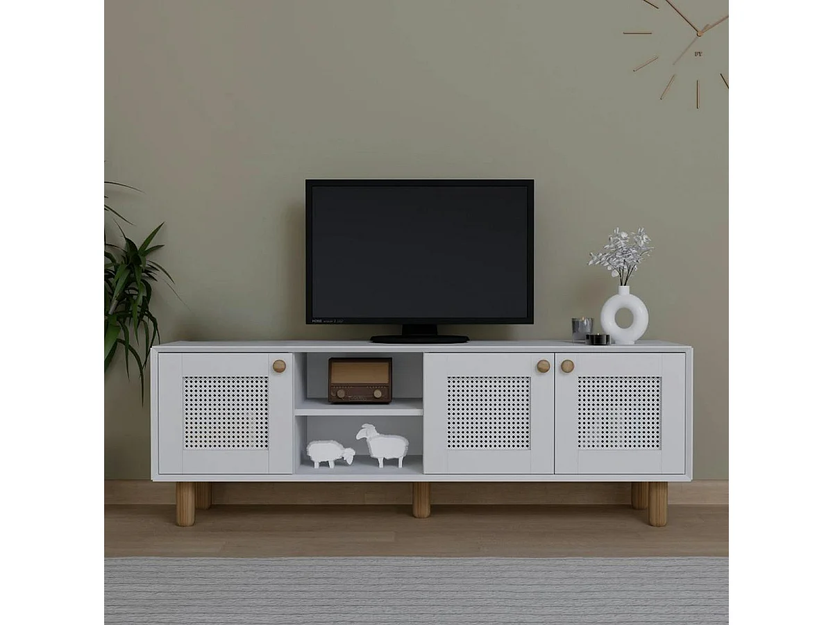Meuble TV blanc avec cannage, 3 portes VAREN