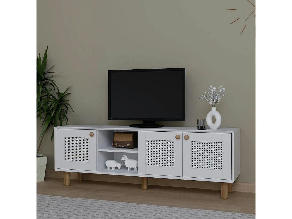 Meuble TV blanc avec cannage, 3 portes VAREN