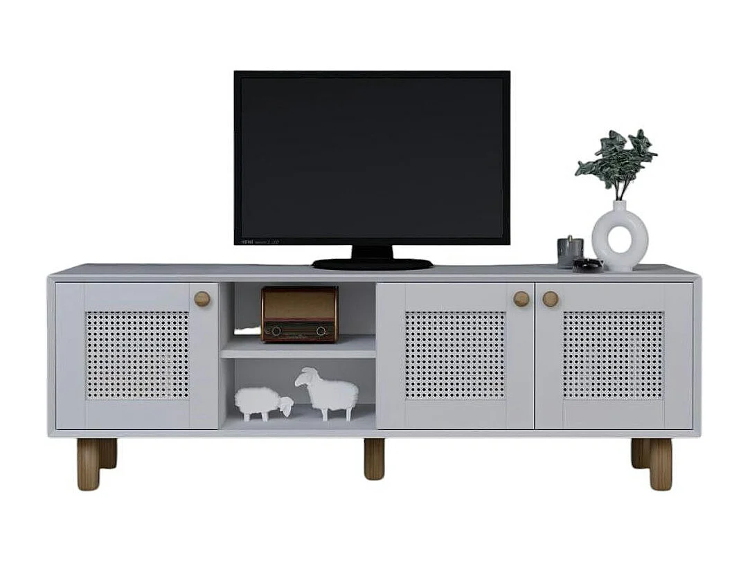 Meuble TV blanc avec cannage, 3 portes VAREN