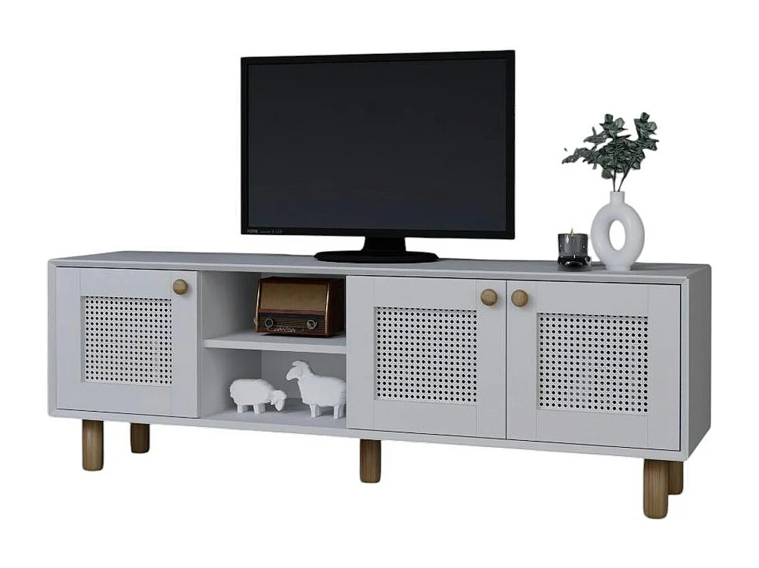 Meuble TV blanc avec cannage, 3 portes VAREN
