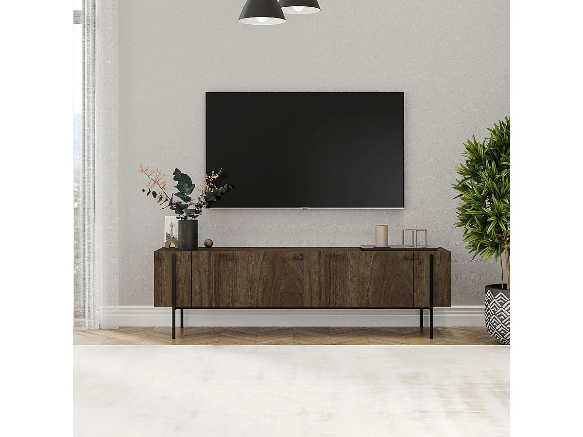 Meuble TV design effet bois foncé pieds noirs baguette JENA