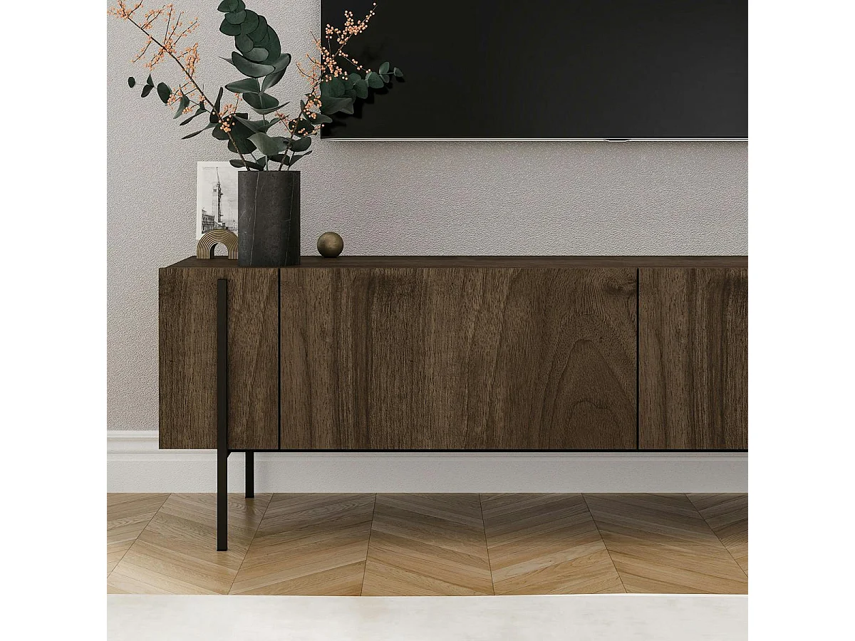 Meuble TV design effet bois foncé pieds noirs baguette JENA