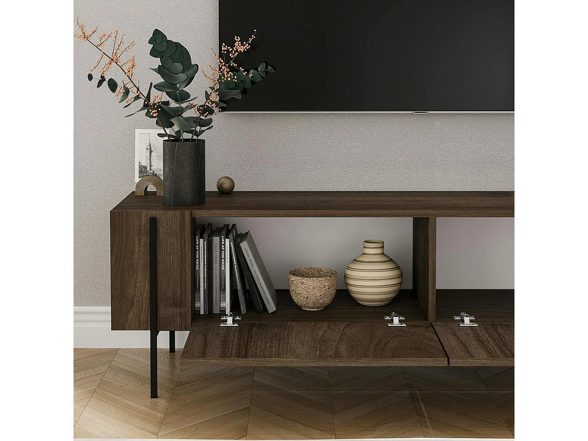 Meuble TV design effet bois foncé pieds noirs baguette JENA