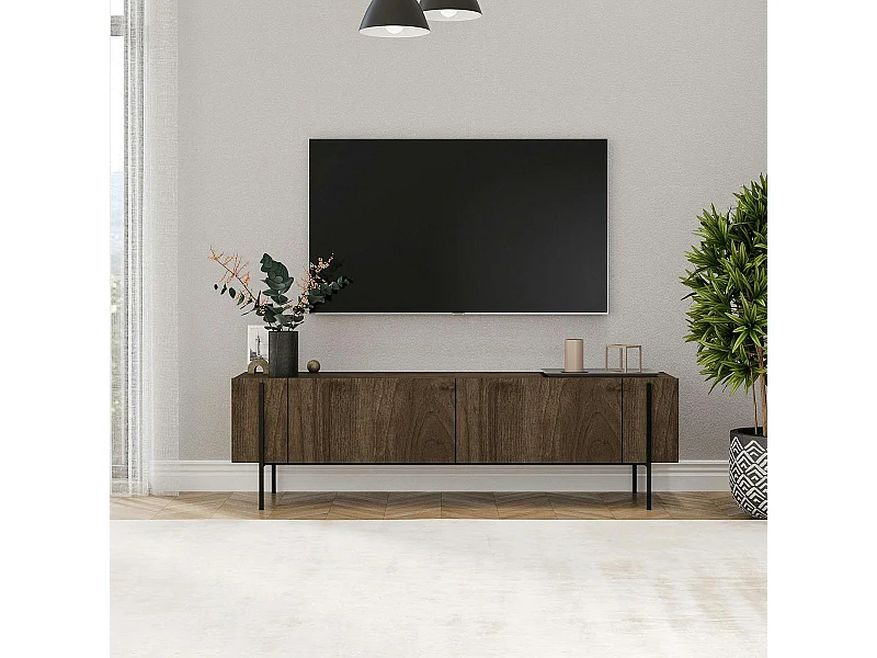 Meuble TV design effet bois foncé pieds noirs baguette JENA