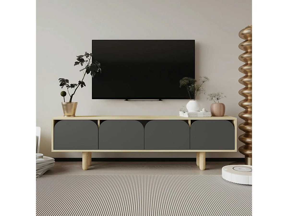 Meuble TV avec rangement, 4 portes courbes grises VAREN