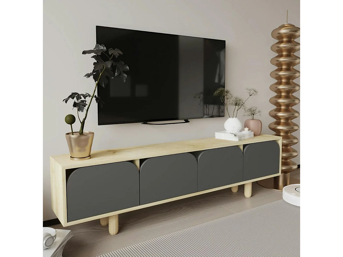 Meuble TV avec rangement, 4 portes courbes grises VAREN