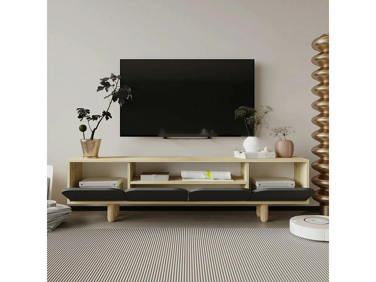 Meuble TV avec rangement, 4 portes courbes grises VAREN