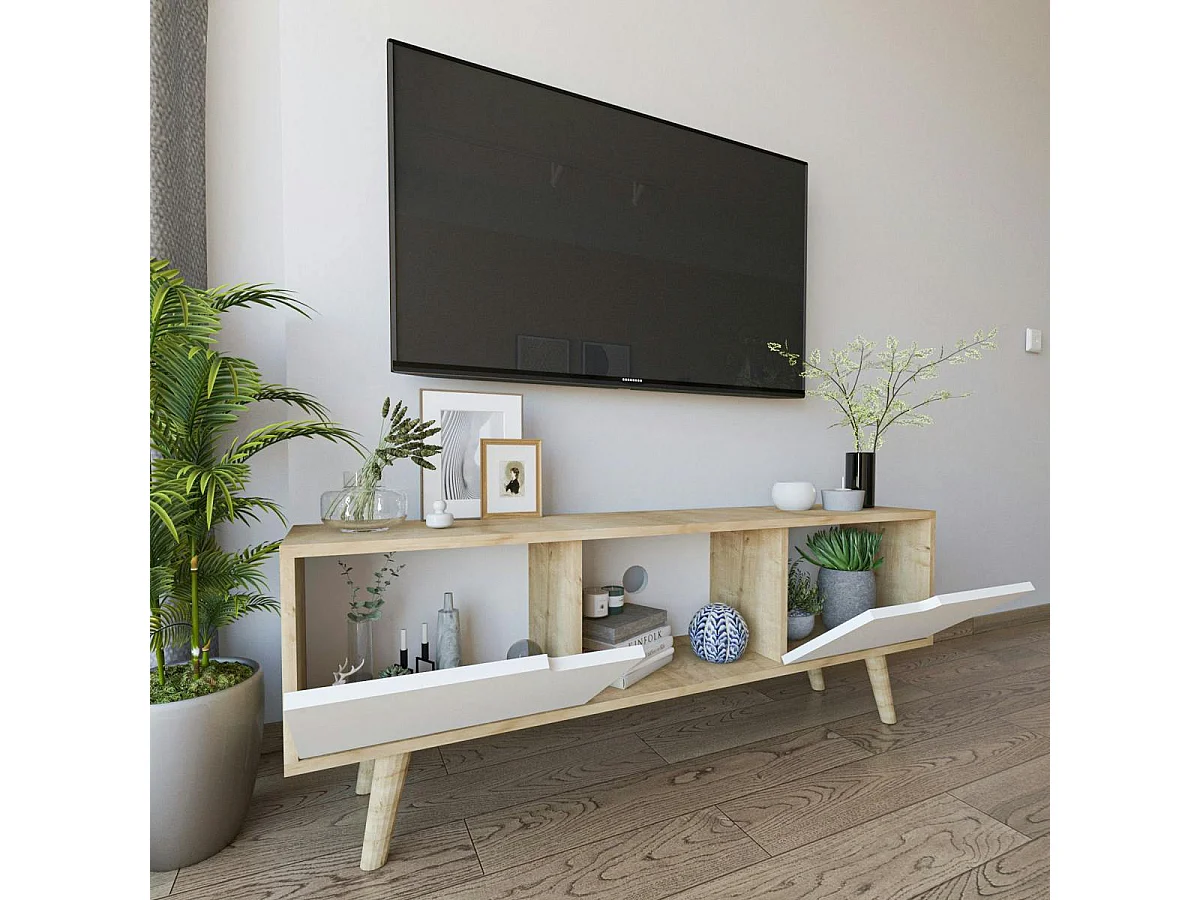 Petit meuble TV 2 portes blanches cadre effet bois clair MARFA