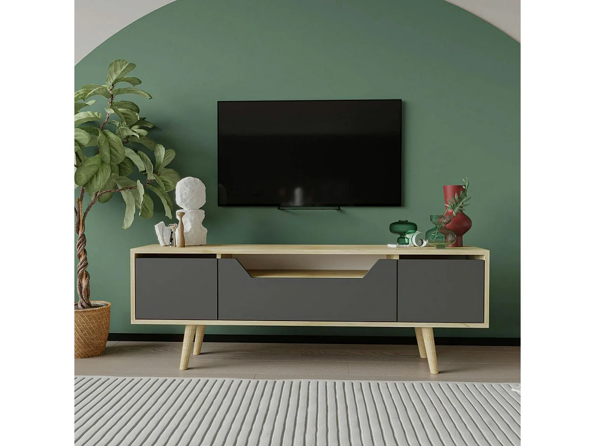 Meuble TV moderne 3 portes grises cadre clair 150 cm MARFA