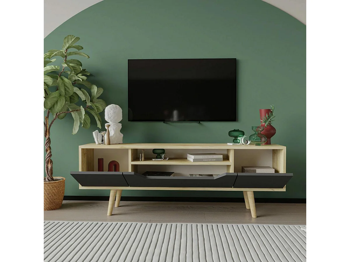 Meuble TV moderne 3 portes grises cadre clair 150 cm MARFA