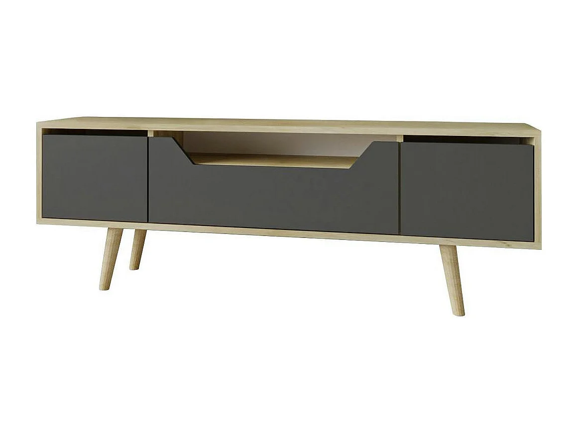 Meuble TV moderne 3 portes grises cadre clair 150 cm MARFA