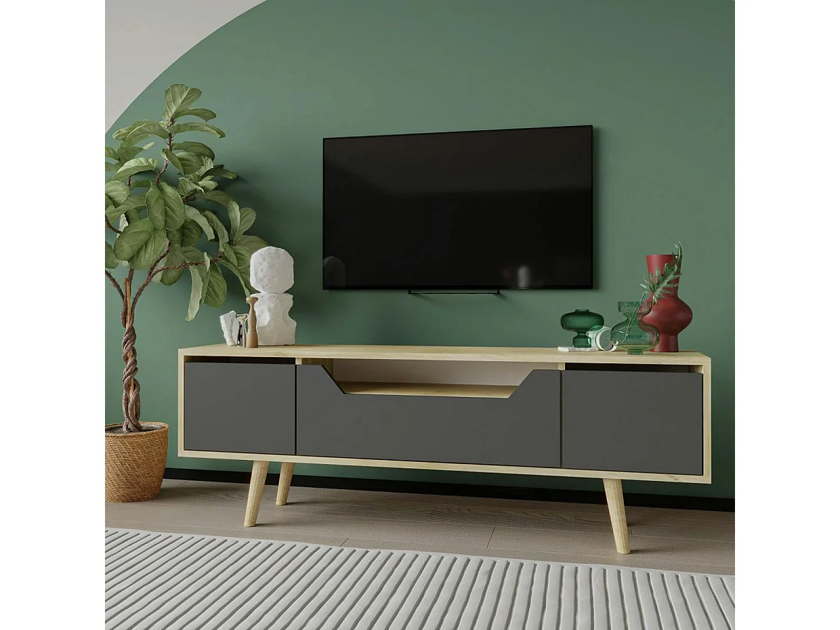 Meuble TV moderne 3 portes grises cadre clair 150 cm MARFA