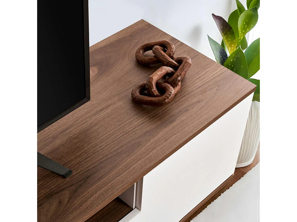 Meuble TV moderne 3 portes blanc et effet noyer MARFA