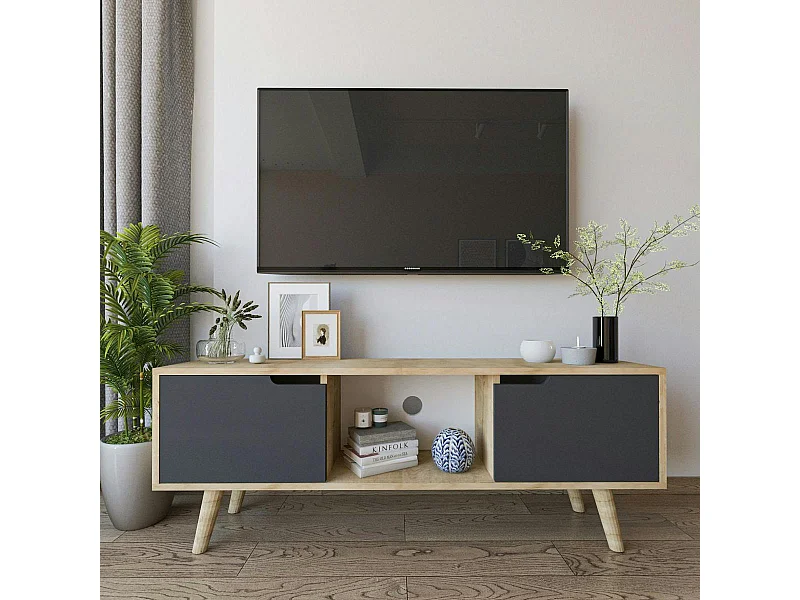 Petit meuble TV 2 portes grises cadre effet bois clair MARFA