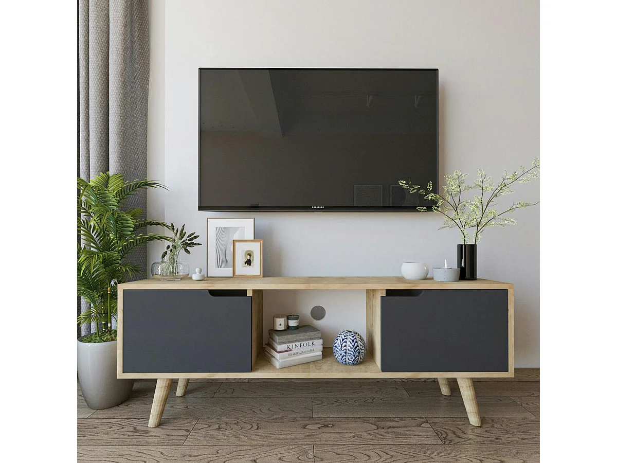 Petit meuble TV 2 portes grises cadre effet bois clair MARFA