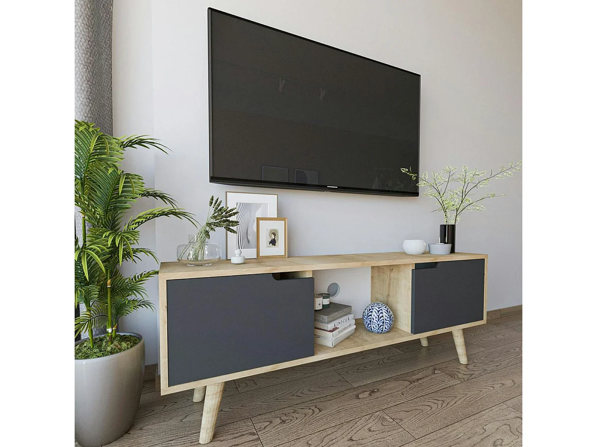 Petit meuble TV 2 portes grises cadre effet bois clair MARFA