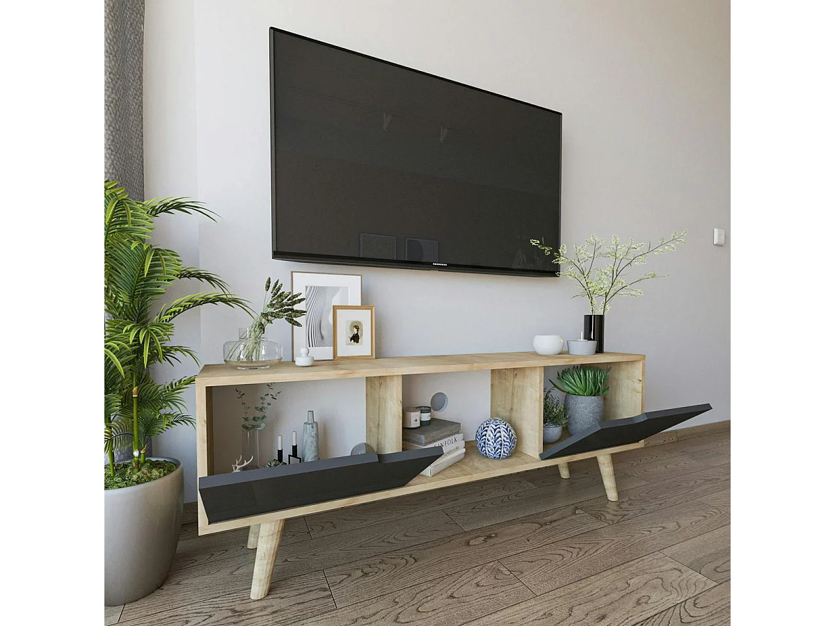 Petit meuble TV 2 portes grises cadre effet bois clair MARFA